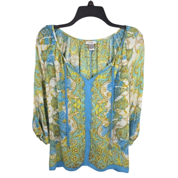 {Caché} Women’s Blouse Multicolor Tassel Print Tie Cold Shoulder Blouse - Size S - Picture 1 of 12